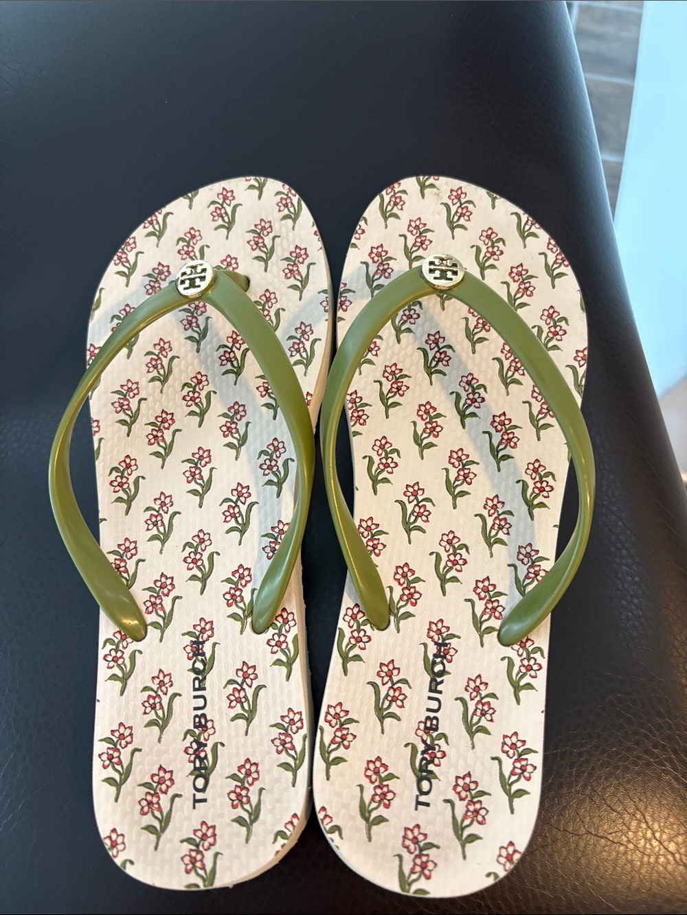 Tory Burch Olive Green Floral Print Flip Flops